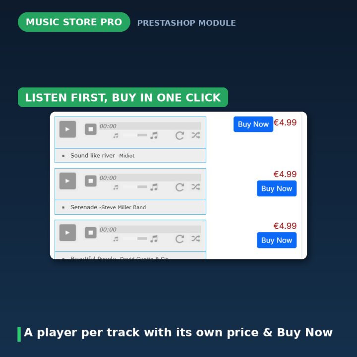 Module Musique PrestaShop - Extraits MP3 et vente au titre