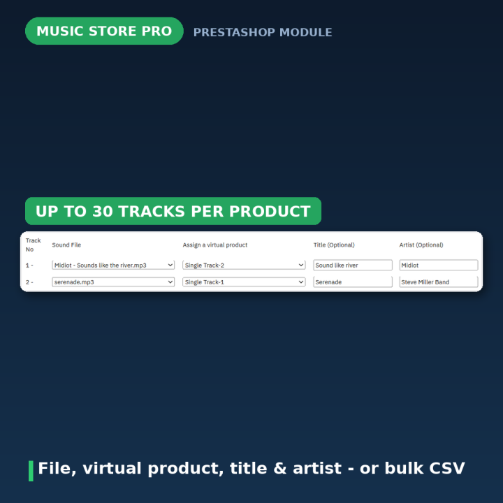 Module Musique PrestaShop - Extraits MP3 et vente au titre