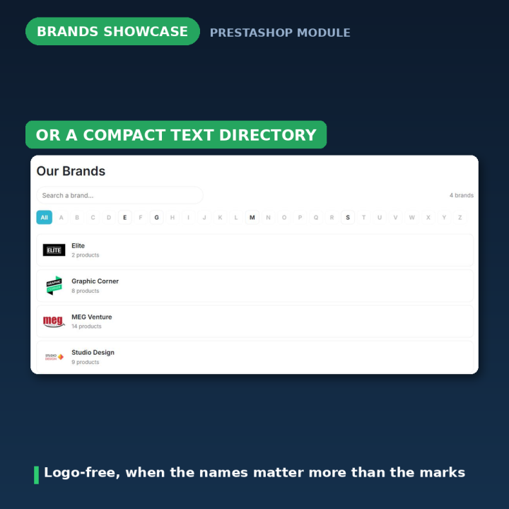 Pagina Marche PrestaShop - Directory A-Z con ricerca