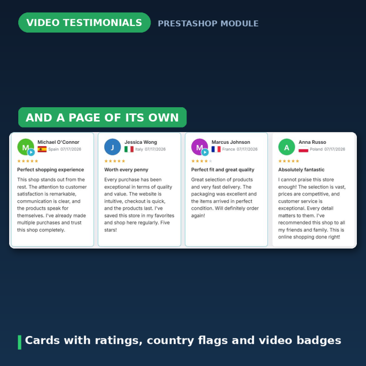 PrestaShop Testimonianze Video - Carosello Recensioni Clienti