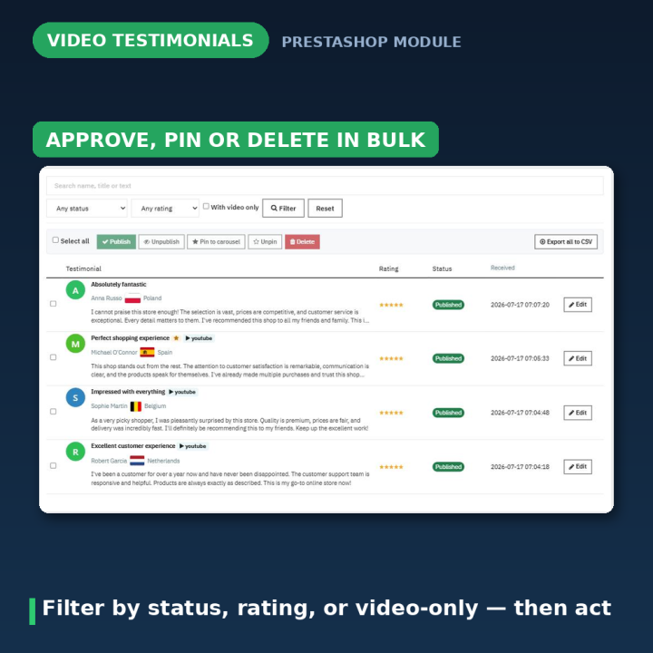 PrestaShop Video Testimonials - Customer Reviews Slider
