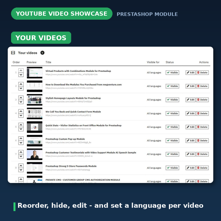 Slider vidéo YouTube PrestaShop - Lightbox et vignettes