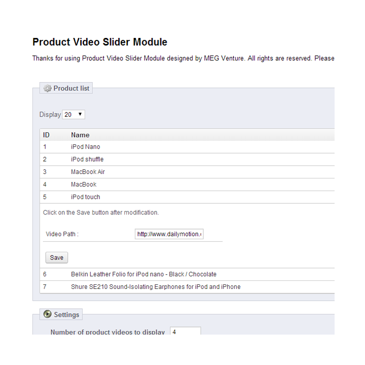 Prestashop Product Video Slider Module - by MEG Venture