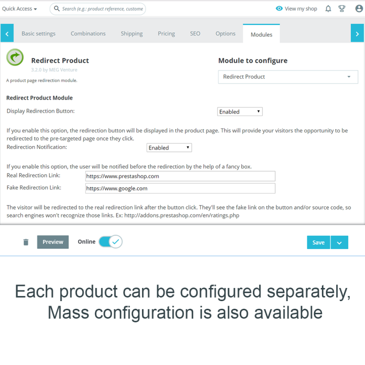 Prestashop Product Redirection Module - by MEG Venture