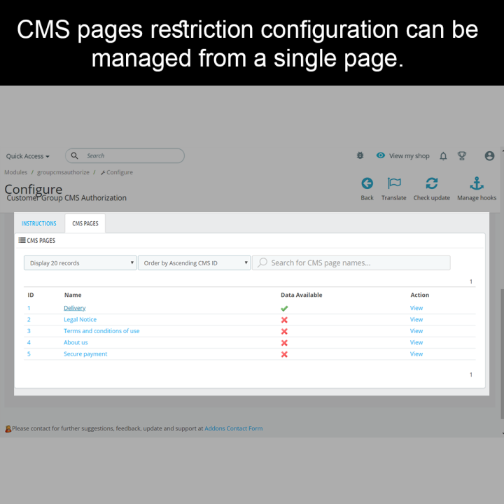 Prestashop Customer Group CMS Authorization Module - by MEG Venture