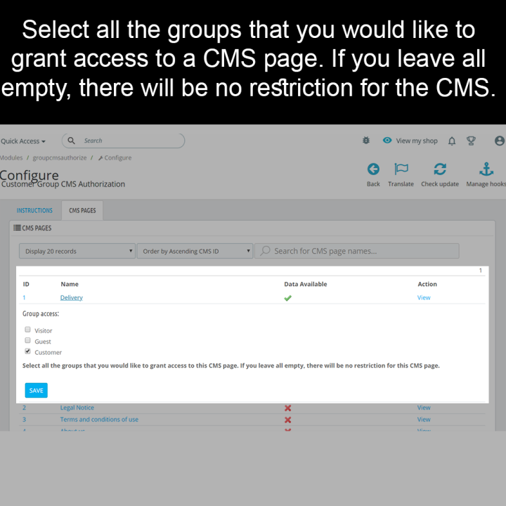 Prestashop Customer Group CMS Authorization Module - by MEG Venture