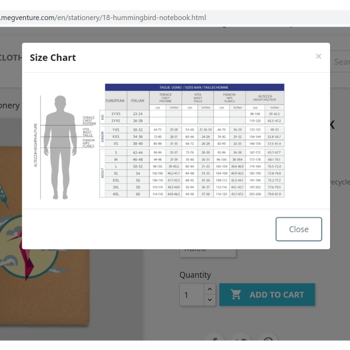 Size Chart Size Guide Module for Prestashop
