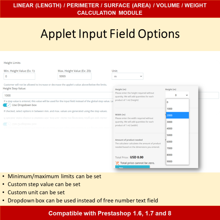 Dimensional Pricing Module for Length, Area, Volume, Perimeter, Weight